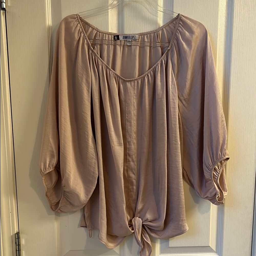 Jennifer Lopez Gray Puff Sleeve Blouse with Tie Front